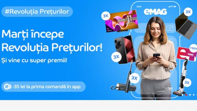 <b>Revoluția Prețurilor începe mâine (16 septembrie) pe eMAG cu reduceri tentante și premii (telefoane, televizoare, carduri cadou)</b>Dacă îți era dor de reduceri nu trebuie să mai aștepți foarte mult, pentru că mâine pe 16 septembrie eMAG dă startul campaniei Revoluția Prețurilor, organizată în perioada 16-18 septembrie. Sunt oferte speciale pentru cei care comandă pentru