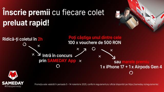 <b>Tu cât de repede îți ridici coletele de la easybox? Sameday te premiază cu vouchere sau iPhone 17</b>Săptămâna trecută în cadrul conferinței de presă cu ocazia Black Friday cei de la Sameday spuneau că și în acest an va avea loc un concurs special. Acum avem și datele promoției, iar participarea se face foarte simplu și ține de cât