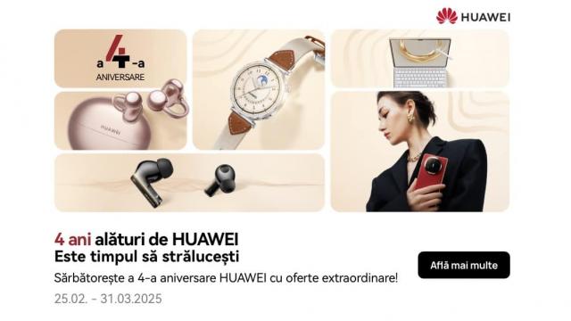 <b>La aniversarea de 4 ani, HUAWEI Store vine cu promoții fabuloase pentru clienții săi! Extra reduceri, garanție extinsă, cadouri! </b>În căutare de reduceri la început de săptămână! Nimic mai mult! HUAWEI Store aniversează 4 ani și pentru tine reprezintă ocazia ideală să te echipezi cu toată tehnologia de care ai nevoie, profitând de extra reduceri. Nu doar discount-uri