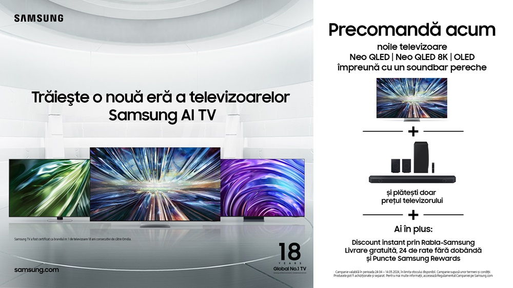 Noua gamă de televizoare Samsung AI pe 2024 a fost prezentată oficială și include modele Neo QLED 4K, 8K, cât și OLED-uri + soundbar-uri
