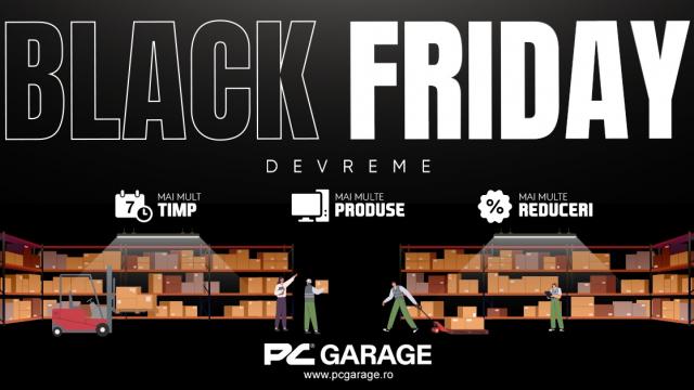 <b>Black Friday Devreme a început la PC Garage! Primele reduceri includ sisteme de gaming, plăci video și periferice</b>Retailerul PC Garage a lansat campania Black Friday Devreme, o inițiativă care anticipează perioada clasică de reduceri din noiembrie. Vine astfel cu o selecție de produse deja listate la prețuri reduse. Potrivit informațiilor furnizate de companie