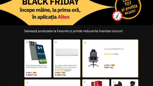 <b>Avem primele produse din Black Friday Altex 2025; Le-ai salvat la favorite?</b>Aşa cum ştiaţi deja probabil, în câteva ore începe Black Friday-ul de la Altex, pe 30 octombrie 2025. Va fi în 3 valuri, iar primul este între 30 octombrie şi 5 noiembrie 2025. Altex a postat o pagină teaser cu primele produse la reducere şi am ales cele
