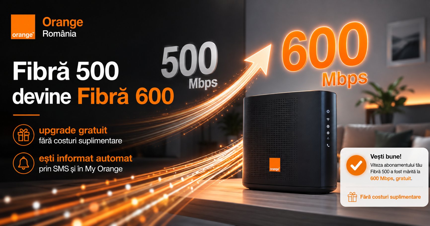 Ai Fibră 500 de la Orange? Unii clienți primesc automat upgrade la 600 Mbps, fără costuri suplimentare