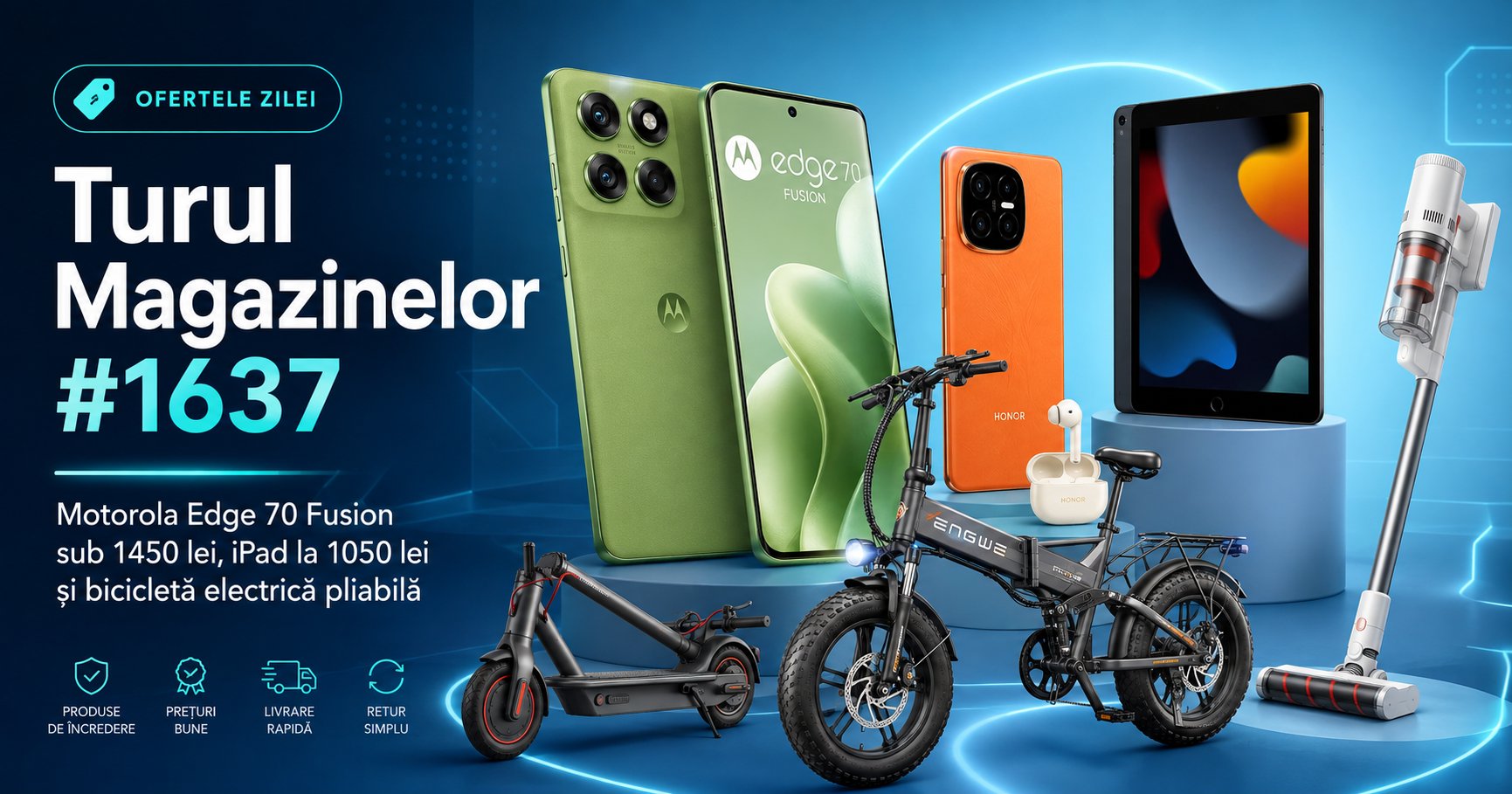 Turul Magazinelor #1637: Motorola Edge 70 Fusion sub 1450 lei, iPad la 1050 lei și bicicletă electrică pliabilă