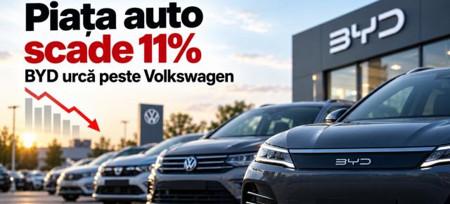 Românii trag frâna la mașini noi: piața scade 11%, BYD urcă însă peste Volkswagen