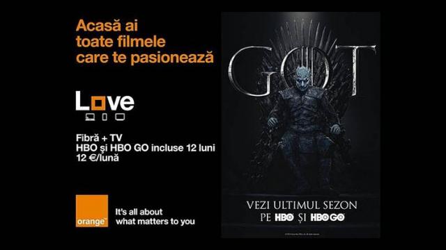 <b>Orange Love îţi aduce ultimul sezon Game of Thrones şi 50% reducere pentru fibră şi TV; HBO fără extra costuri!</b>Orange România anunţă astăzi o ofertă specială pentru pasionaţii de serialul Game of Thrones plus alte productii HBO. După cum ştiţi în această lună începe ultimul sezon al serialului Game of Thrones, iar cu această ocazie aflăm