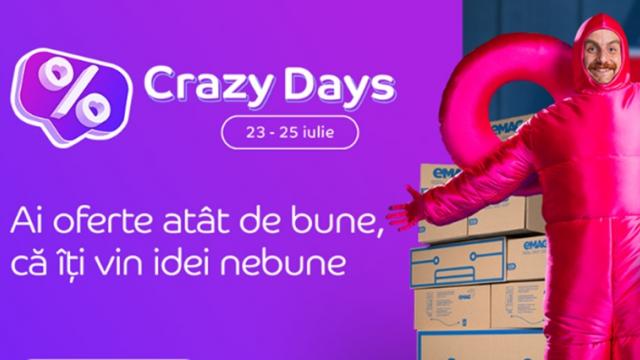 <b>Alertă de oferte pe eMAG! Campania Crazy Days are loc în perioada 23-25 iulie și îți aduce reduceri pentru toate produsele favorite</b>eMAG nu se oprește din a ne livra reduceri și dă astăzi startul campaniei promoționale Crazy Days, cu reduceri la mii de produse pe care le putem achiziționa la prețuri mai mici în perioada 23-25 iulie 2024. Sunt incluse aici o mulțime de produse 