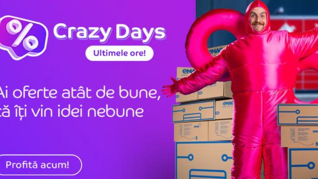 <b>Crazy Days eMAG se încheie astăzi; ultimele ore de reduceri</b>Fiecare secundă contează când ai prețuri speciale la cele mai tari produse. Ofertele nebune nu așteaptă pe nimeni, așa că profită acum și cumpără-ți preferatele. Crazy Days de pe eMAG te răsfață cu surprize de neratat, iar astăzi este ultima zi în care..