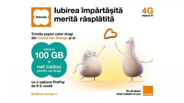 <b>Orange îţi dă 100 GB net cadou de Valentine's Day, la Cartela Prepay</b>Cu ocazia sărbătorii numite Valentine's Day, operatorul Orange România oferă 100 GB net cadou utilizatorilor de cartele preplătite, campanie ce presupune activarea unei extraopțiuni de minim 6 euro în perioada promoțională