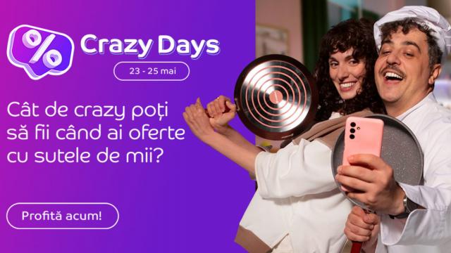 <b>Campania Crazy Days a revenit la eMAG, cu oferte speciale în perioada 23 - 25 mai; Ce ne-a pregătit retailerul?</b>O nouă campanie Crazy Days a început recent la eMAG. A început ieri, 23 mai, iar produse cu discount găsim până mâine, 25 mai. În portofoliu sunt mii de oferte speciale de care putem profita și sunt vizate majoritatea categoriilor de pe site