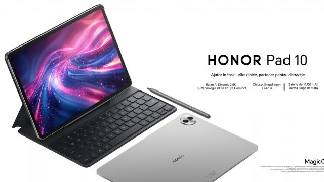 <b>Tableta HONOR Pad 10 ajunge oficial în România! Are ecran de 12.1 inch cu rezoluție 2.5K, corp slim, procesor Snapdragon 7 Gen3</b>Pe lângă cel mai subțire telefon pliabil din lume, Magic V5, HONOR a adus în România și tableta HONOR Pad 10. E un model accesibil cu display de 12.1 inch în diagonală, ce vine cu carcasă din aluminiu cu un profil subțire, de doar 6.29 mm