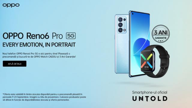 <b>Preț și disponibilitate OPPO Reno6 Pro 5G în România (+OPPO Watch 46mm cadou la precomandă)</b>Începând din această săptămână este disponibil pe plan local și OPPO Reno6 Pro 5G, un telefon anunțat la sfârșitul lunii mai din acest an alături de modelele Reno6 5G și Reno6 Pro+ 5G. El are parte de dotări atractive și păstrează în mare parte rețeta