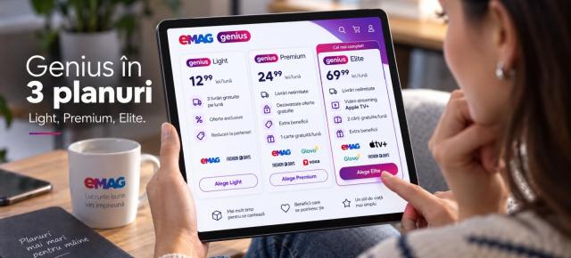 eMAG împarte Genius în trei abonamente progresive; Planul „Light” îți aduce doar 3 livrări gratuite lunar, în timp ce „Elite” vine cu Apple TV la pachet