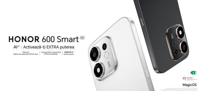 HONOR 600 Smart 5G debutează în România cu baterie de 7700 mAh, buton dedicat AI și rezistență certificată