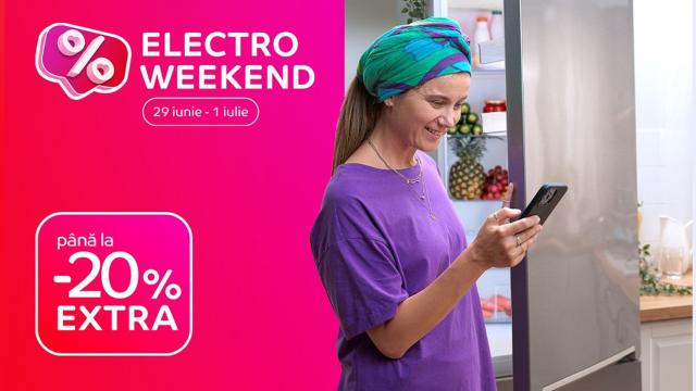 <b>O nouă rundă Electro Weekend by eMAG a început! Smart TV-uri, laptopuri, electrocasnice, smartphone-uri și gadget-uri cu până la 20% extra-discount</b>eMAG ne surprinde în acest weekend, retailerul organizând o nouă rundă de reduceri Electro Weekend. Astfel, în perioada 29 iunie - 1 iulie găsim pe site smart TV-uri generoase pe care putem urmări cele mai tari meciuri Euro 2024, laptopuri de gaming