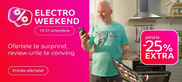 Electro Weekend la eMAG în perioada 19-21 octombrie: Până la 25% extra-discount la telefoane, televizoare, electrocasnice, gadget-uri; Ce avem în ofertă?