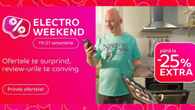 <b>Electro Weekend la eMAG în perioada 19-21 octombrie: Până la 25% extra-discount la telefoane, televizoare, electrocasnice, gadget-uri; Ce avem în ofertă?</b>Sfârșitul acestei săptămâni vine cu reduceri mari de la eMAG, odată cu o nouă rundă din campania Electro Weekend. În ofertă sunt incluse smartphone-uri, laptopuri, PC-uri, electrocasnice mari și mici, dar și gadget-uri, toate cu până la 25% extra-discount