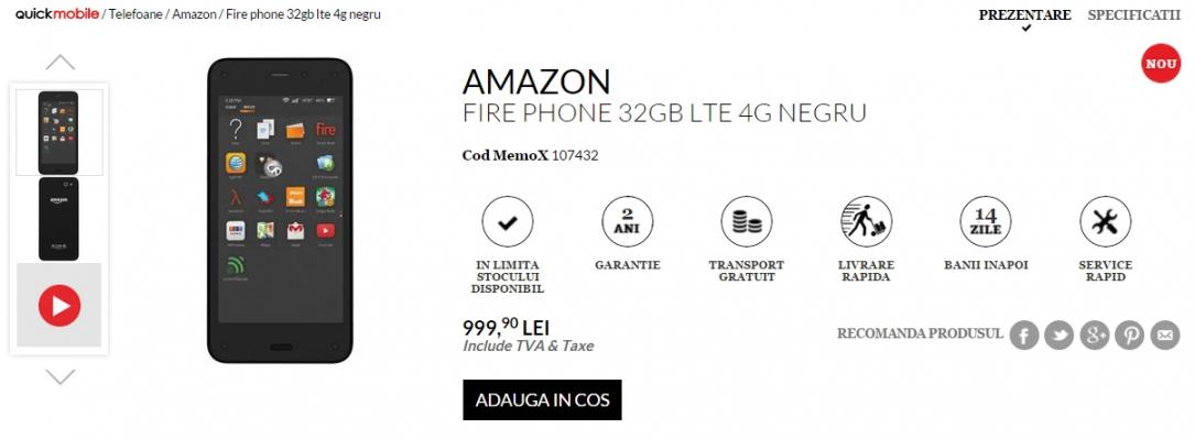Amazon Fire Phone ajunge după un an de la debut și în România; disponibil la QuickMobile pentru 999 lei