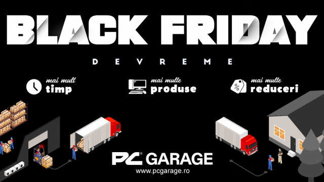 <b>PC Garage a început Black Friday Devreme (catalog); Reduceri de până la 1.700 lei la sisteme de gaming</b>PC Garage a dat startul Black Friday Devreme din 25 octombrie 2024, aducând reduceri substanțiale la PC-uri de gaming din seriile Zmeu, Balaur, Dragon și Greuceanu. Promoțiile sunt valabile pentru o perioadă limitată și includ sisteme gata configurate