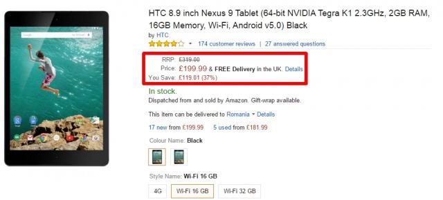 Tableta Nexus 9 are un preț excelent pe Amazon; costă 1.417 lei cu livrare în România