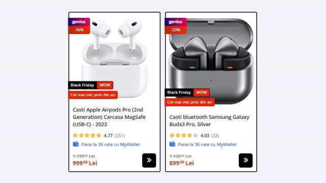 <b>Apple AirPods Pro 2 sau Samsung Galaxy Buds3 Pro? Alege modelul favorit din eMAG Black Friday</b>În perioada Black Friday, eMAG oferă reduceri semnificative la două dintre cele mai populare căști wireless: Apple AirPods Pro 2 și Samsung Galaxy Buds3 Pro.

