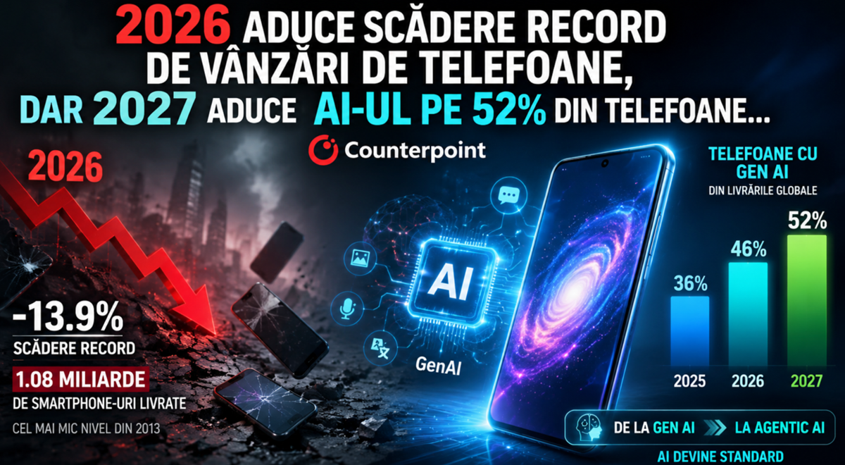 2026 aduce scădere record de vânzări de telefoane, dar 2027 aduce AI-ul pe 52% din telefoane... (Counterpoint)