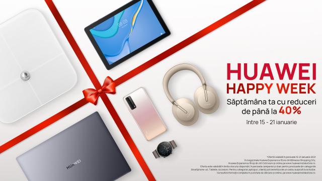 <b>Huawei vine cu reduceri la telefoane, tablete și gadget-uri în perioada 15-21 ianuarie; Iată ce ne rezervă campania Happy Week</b>Huawei vine cu o veste bună astăzi pentru cei care avea în plan achiziția unui nou smartphone, tabletă sau poate purtabil. Vorbim despre startul campaniei de reduceri Huawei Happy Week 
