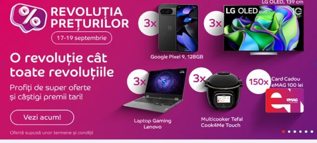 Start Revoluția Prețurilor pe eMAG! Oferte speciale în perioada 17-19 septembrie și șansa de a câștiga premii mari (Pixel 9, TV OLED, laptop-uri gaming)