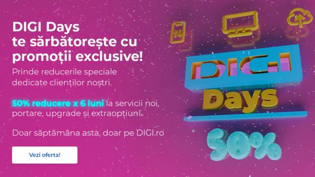 <b>DIGI Days vă aduce reducere de 50% la servicii, telefonie mobilă la 1 euro pe lună şi altele</b>DIGI sărbătoreşte toamna cu DIGI Days, o campanie de oferte speciale şi reduceri ce pot ajunge până la 50%. Sub motto-ul "DIGI te celebrează", a început o campanie care aduce inclusiv telefonie mobilă la 1 euro pe lună, aşa cum aflăm 
