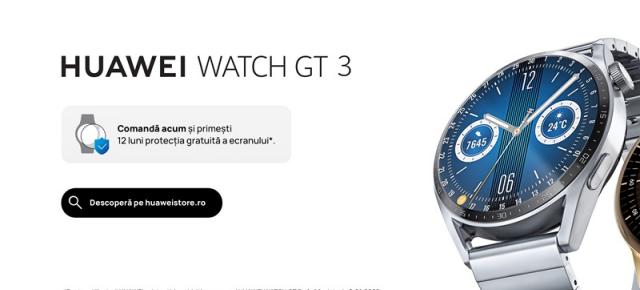 Smartwatch-ul Huawei Watch GT 3 este disponibil de astăzi în magazine și vine cu 12 luni protecție pentru ecran