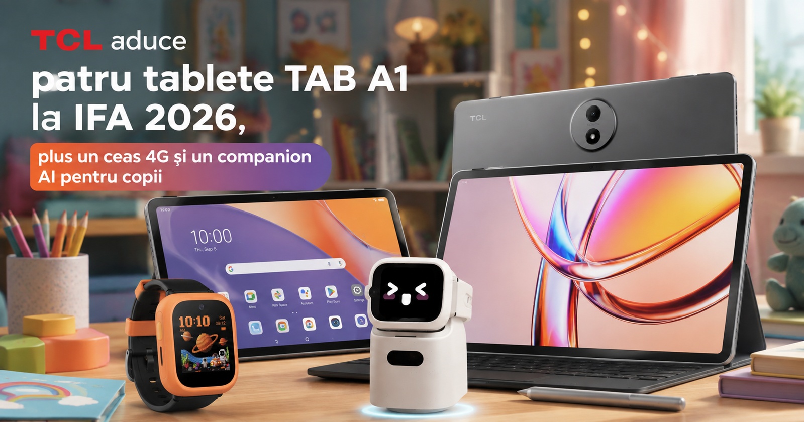TCL aduce patru tablete TAB A1 la IFA 2026, plus un ceas 4G și un companion AI pentru copii