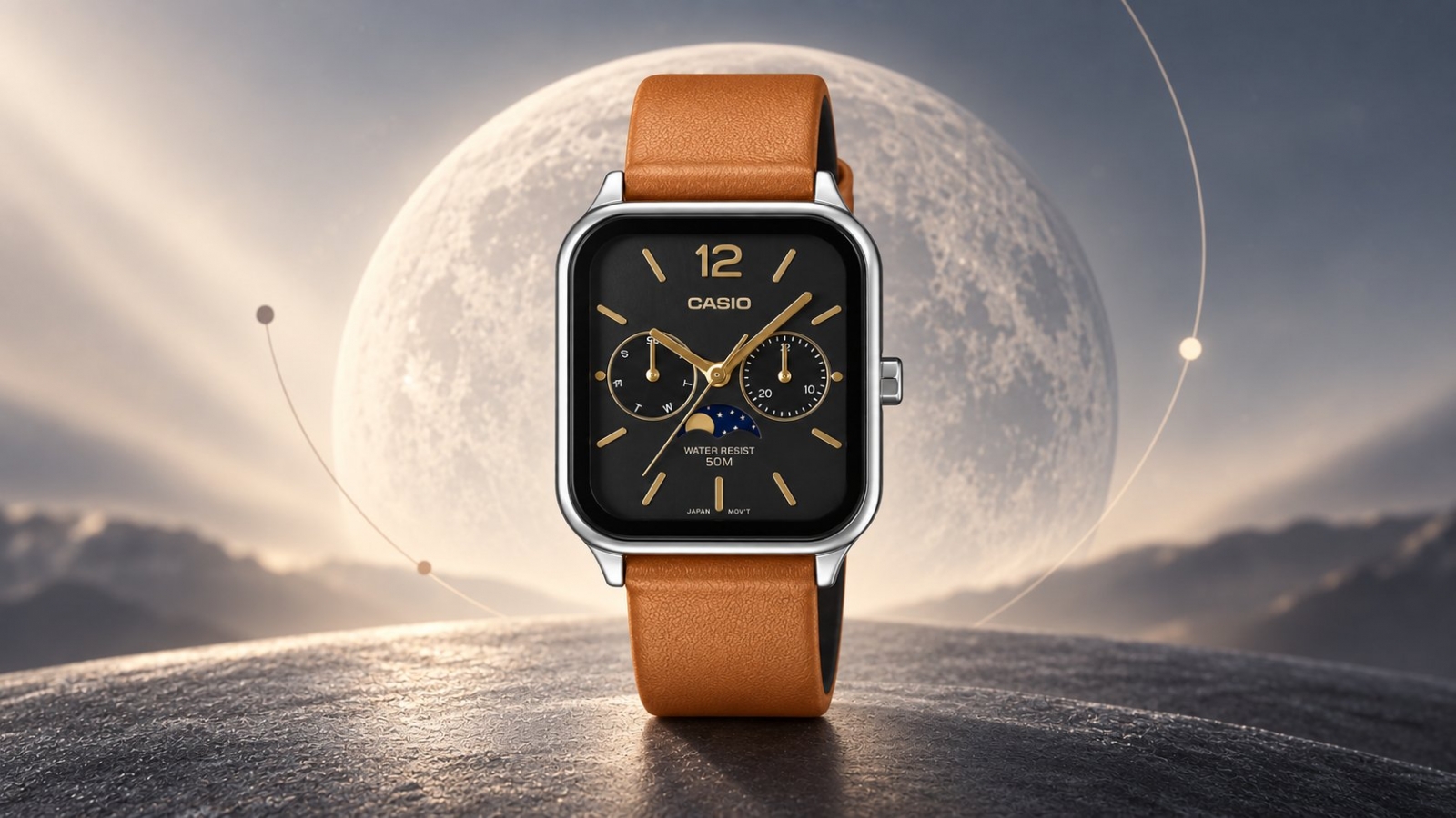 Casio MTP-M305LC-7AV arată ca un Apple Watch, dar ascunde un ceas analog cu fazele Lunii