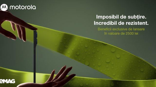 <b>eMAG are exclusivitate pentru noul Motorola de 5,99 mm; beneficii în valoare de 2500 lei pentru cei înscriși</b>Motorola pregătește lansarea unui nou model ultra-subțire, exclusiv prin eMAG, iar cei care se înscriu în campania de precomandă pot obține beneficii în valoare de 2500 lei. Dispozitivul, care intră în gama edge, are doar 5,99 mm grosime și cântărește..