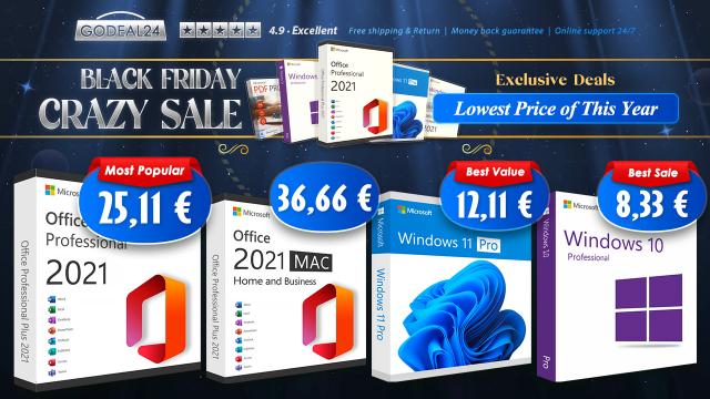 <b>Cele mai bune oferte din acest an pe GoDeal24 le găsești de Black Friday! Licențe Windows și Office cu super discount</b>GoDeal24 anunță astăzi cele mai tari oferte de Black Friday, pentru licențe software desigur. În campania retailerului avem licențe Windows 10/11, Office plus pachete care combină ambele produse Microsoft la prețuri speciale