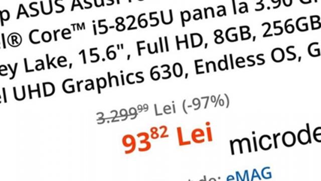 <b>eMAG a greșit din nou prețurile și va livra; Laptop-uri cu reduceri de până la 97%, inclusiv modele de gaming</b>De ultima eroare de prețuri eMAG a trecut ceva timp, dar iată că acum în prima parte a anului 2020 asemenea "oferte" revin. Aflăm prin intermediul grupului de Facebook Mobilissimo faptul că pe data de 31 martie undeva în jurul orei 21:00