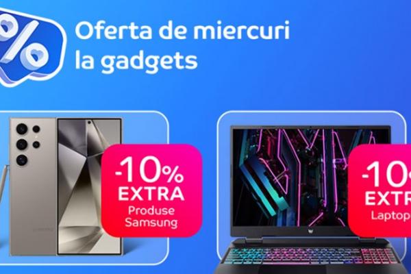 Oferta de miercuri la gadgets pe eMAG: telefoane Samsung, laptop-uri și PC-uri cu extra reducere de până la 20%