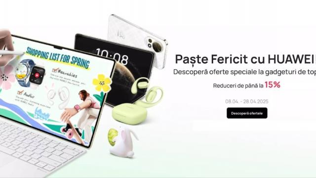 <b>Paste Fericit cu Huawei: reduceri de până la 15% în această perioadă la căşti, ceasuri, telefoane</b>Huawei a demarat o campanie de reduceri cu ocazia Paştelui şi ea se numeşte "Paste Fericit cu Huawei". Veţi primi reduceri de până la 15% în această perioadă, iar reducerea se aplică la căşti, ceasuri şi telefoane, dar şi alte produse