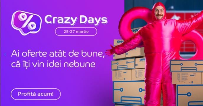 <b>Crazy Days la eMAG în perioada 25-27 martie cu reduceri la tot ce îți dorești! Smartphone nou sau aspirator robot pentru curățenia de Paște?</b>La mijloc de săptămână cei de la eMAG ne-au pregătit o nouă campanie promoțională, de această dată fiind vorba despre Crazy Days. În perioada 25-27 martie ne bucurăm de reduceri mari la toate produsele favorite și rămâne 