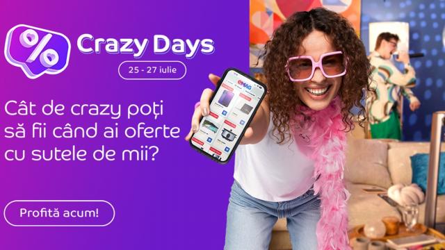 <b>Crazy Days a revenit la eMAG (25-27 iulie): Laptop de gaming la 2599 lei, oferte speciale la smartphone-uri, gadget-uri, electrocasnice și alte mii de produse</b>Continuă vara cu oferte la eMAG, azi fiind dat startul unei noi campanii cu reduceri Crazy Days. E organizată în perioada 25-27 iulie, iar în ofertă se află mii de produse. Sunt incluse smartphone-uri, televizoare, gadget-uri, electrocasnice mari și mici