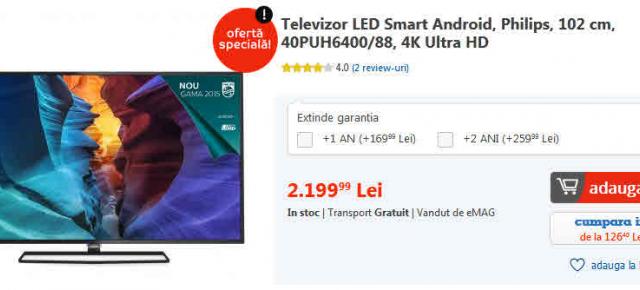 Black Friday 2015 pentru cei care s-au trezit târziu: Televizor LED Smart Android, Philips, 102 cm, 40PUH6400/88, 4K Ultra HD - TV 4K la preţ bun