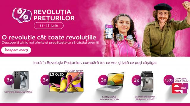 <b>Reduceri de până la 40% cu ocazia campaniei "Revoluția Prețurilor" la eMAG și șansa de a câștiga un Samsung Galaxy S24 Ultra</b>eMAG pregătește „Revoluția Prețurilor” pentru perioada 11-13 iunie 2024, oferind reduceri mari și premii atractive. Unul dintre punctele de atracție este televizorul TCL LED de 146 cm, Smart Google TV, 4K Ultra HD, Clasa E, disponibil acum la 1.099 lei, r