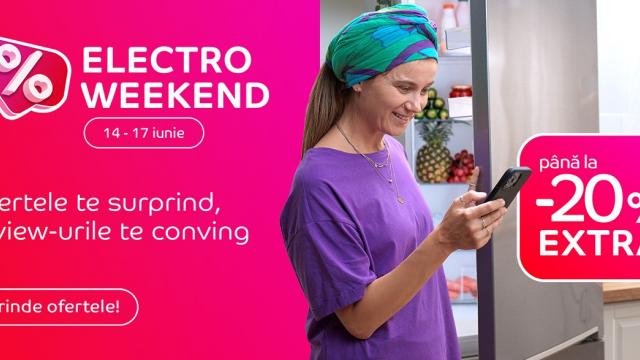 <b>eMAG Electro Weekend: reduceri de până la 20% la produsele electro-IT</b>eMAG a lansat campania Electro Weekend, oferind reduceri semnificative la o gamă variată de produse electro-IT. În perioada 16-18 iunie, clienții pot beneficia de discounturi de până la 20% pentru o selecție de produse, de la telefoane mobile și laptopuri