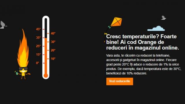 <b>Orange revine cu promoția verii ce ne aduce 1% reducere pentru fiecare grad peste 20°C! Putem achiziționa gadget-uri și telefoane cu discount!</b>În cursul anului trecut cei de la Orange ne-au adus și campania verii prin care se oferea 1% reducere pentru fiecare grad peste 20 °C, promoție ce revine acum în forță. Pentru că termometrele arată 35 grade în acest moment, asta înseamnă că primim 