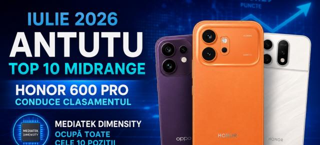 HONOR 600 Pro conduce topul telefoanelor midrange în AnTuTu; MediaTek ocupă toate cele 10 poziții