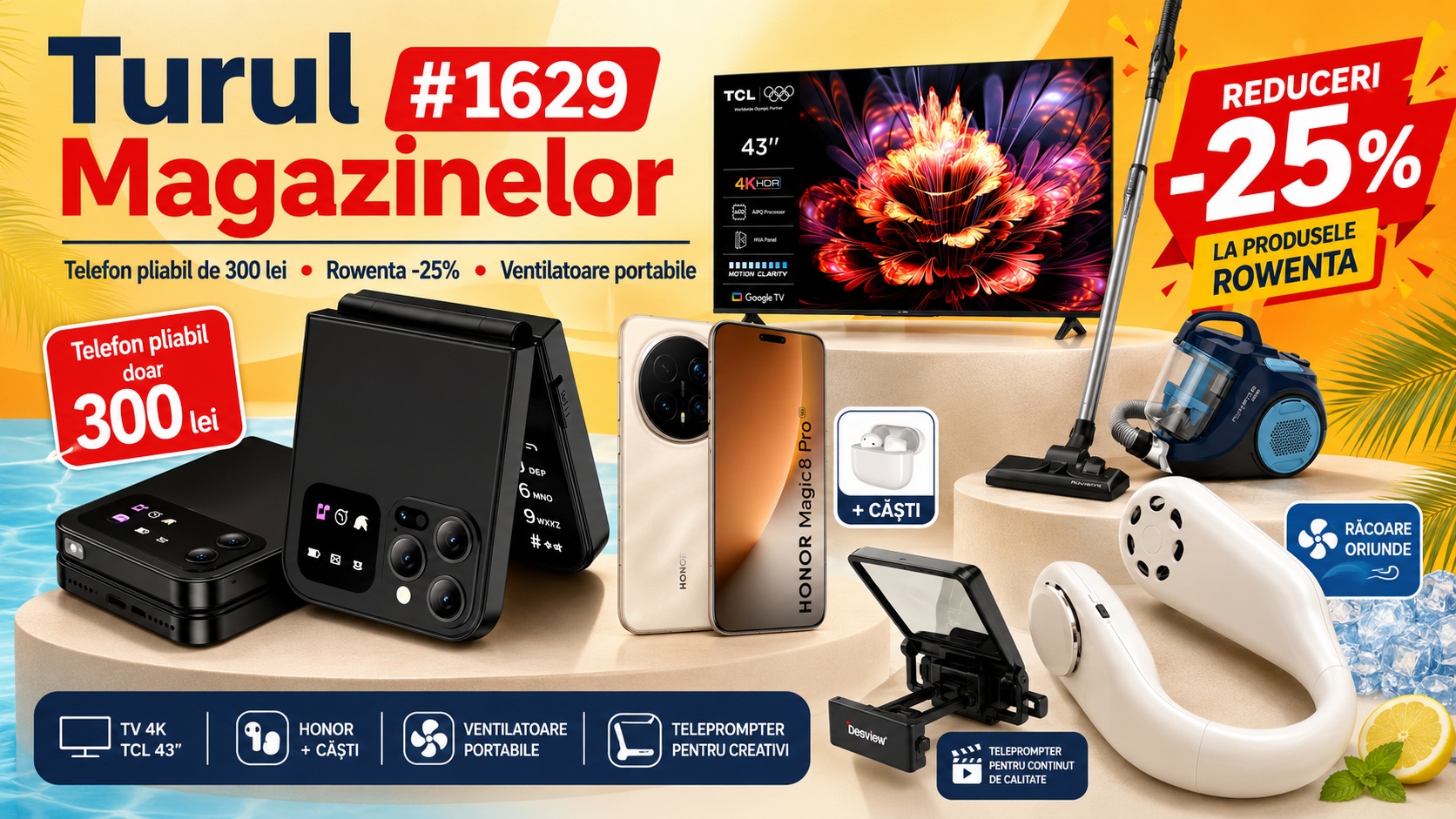 Turul Magazinelor #1629: Telefon pliabil de 300 lei, reduceri Rowenta de 25%, mini ventilatoare pentru popor