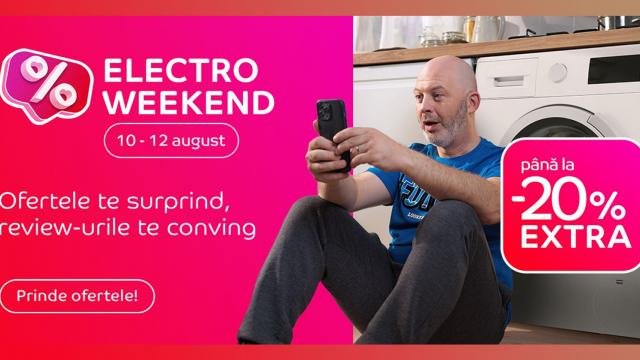 <b>Electro Weekend by eMAG îți aduce până la 20% extra-discount la smartphone-uri, gadget-uri, televizoare de top, electrocasnice mari și mici; Ce avem în ofertă?</b>Odată cu acest weekend apar și noi oportunități de achiziții de la eMAG, retailerul organizând o nouă rundă Electro Weekend. Se desfășoară în perioada 10-12 august, astfel că până luni ai timp să verifici lista de favorite și să comanzi produsele