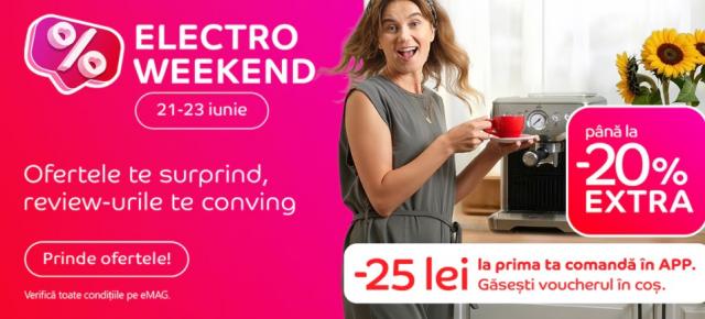 eMAG Electro Weekend vine cu extra reduceri de până la 20% la televizoare, smartphone-uri, gadget-uri și aparate de aer condiționat (21-23 iunie)