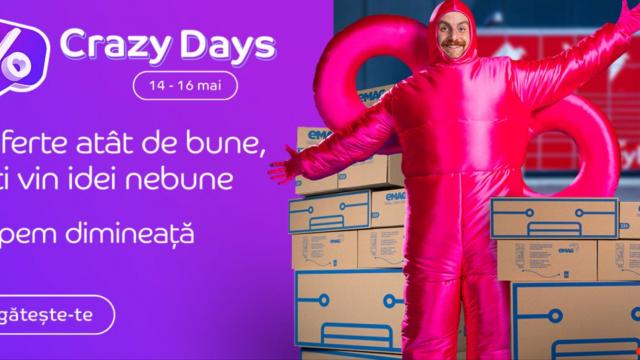 <b>Încep Crazy Days la eMAG pe 14 mai; Ce oferte au fost pregătite?</b>eMAG începe în curând o nouă campanie de tip Crazy Days, o serie de reduceri care ține între 14 și 16 mai. Vor fi reduceri la laptopuri, telefoane, mașini de spălat, friteuze, chiar și tigăi. Despre ce e vorba aflați mai jos.