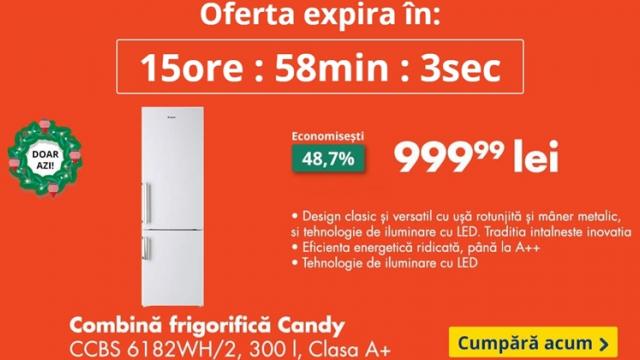 <b>OCAZIA ZILEI pe FLANCO: Combină frigorifică Candy CCBS 6182WH/2, capacitate 300 L, clasa energetică A+, la doar 999 lei!</b>N-am mai avut de mult un produs din clasa electrocasnicelor mari în oferta Flanco. De această dată, avem o combină frigorifică clasa energetică  A+, care pe lângă că vine la un preț foarte bun, aduce și extra-reducere la plata cu cardul. Avem detalii mai