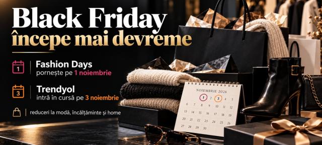 Fashion Days începe Black Friday pe 1 noiembrie cu reduceri de până la 90%; Trendyol pornește pe 3 și ține ofertele până pe 15